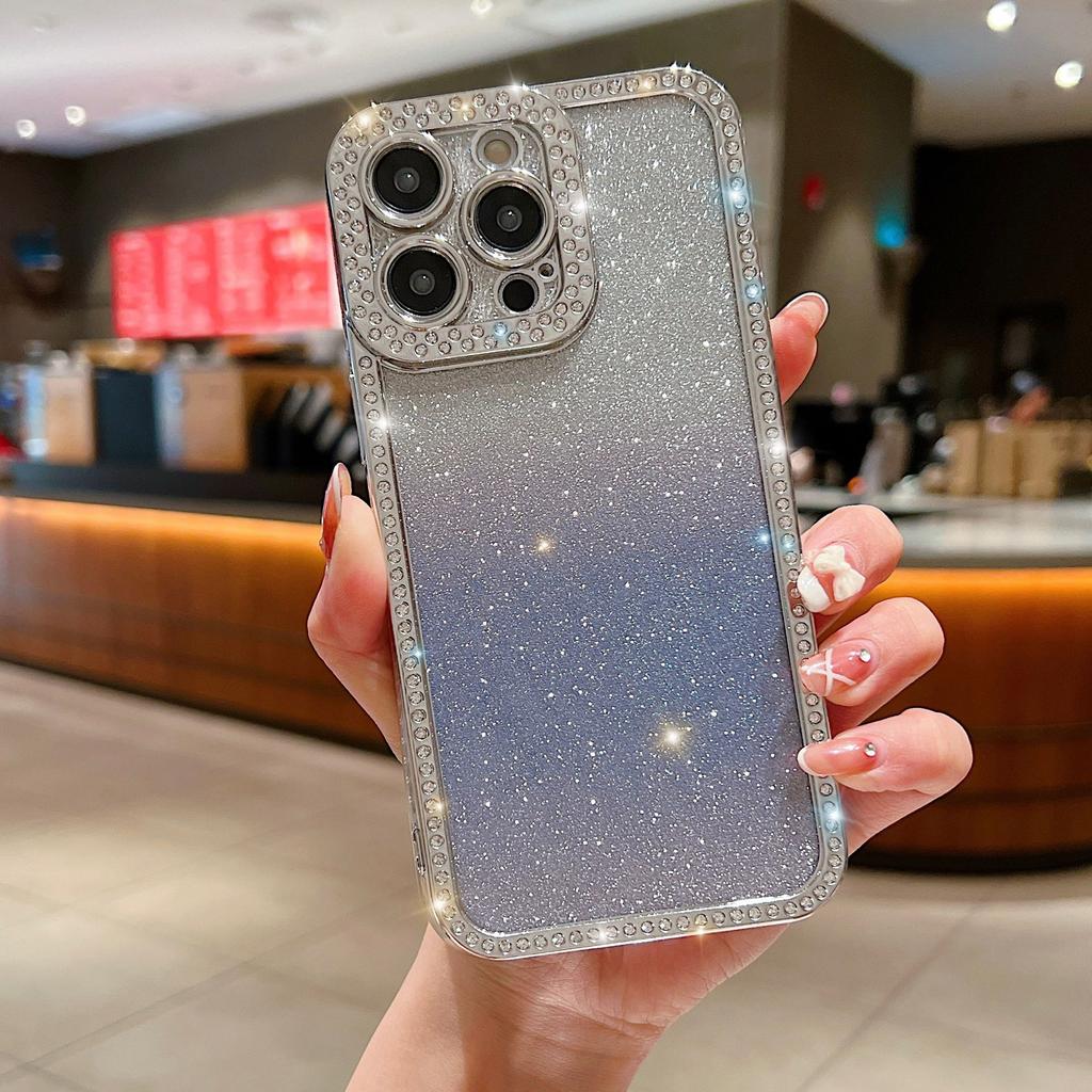 For iPhone 16 Pro Case Glitter Phone Case Rhinestone Decor Electroplating Protective Cover