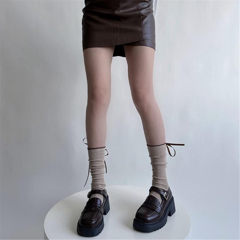 Japanese Style Fashion Middle Tube Calf Socks Women JK Girl Cute Bandage Bowknot Ruffke Trim Cotton Long Socks Stockings