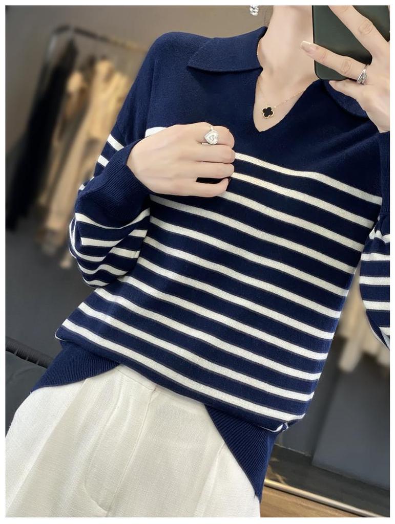 Women's Striped Polo Collar V-Neck Wool Sweater by Zhao Silu - Versatile and Slimming Top
