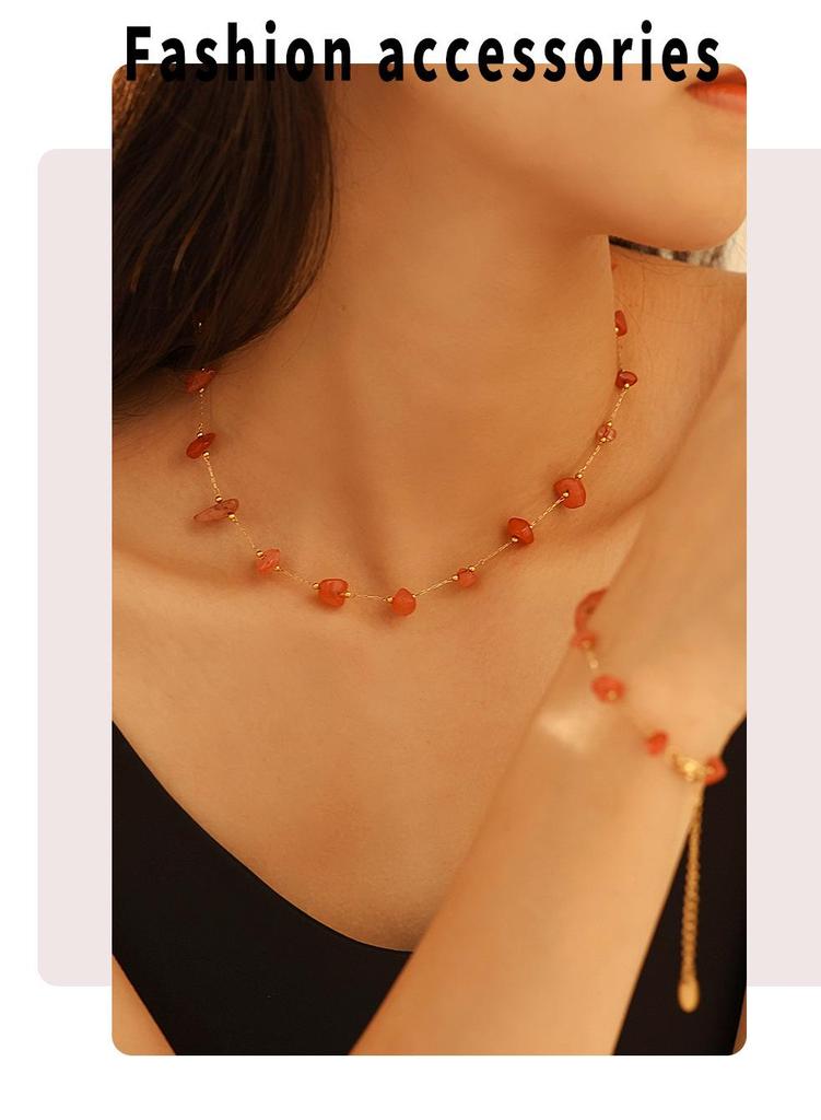 Retro French Natural Stone Necklace & Bracelet Set with Stainless Steel