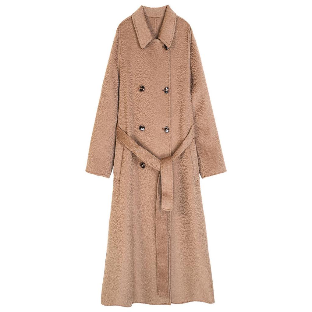 Women's Long Double-Faced 100% Pure Cashmere Ripple Coat with Horn Buttons for Autumn/Winter