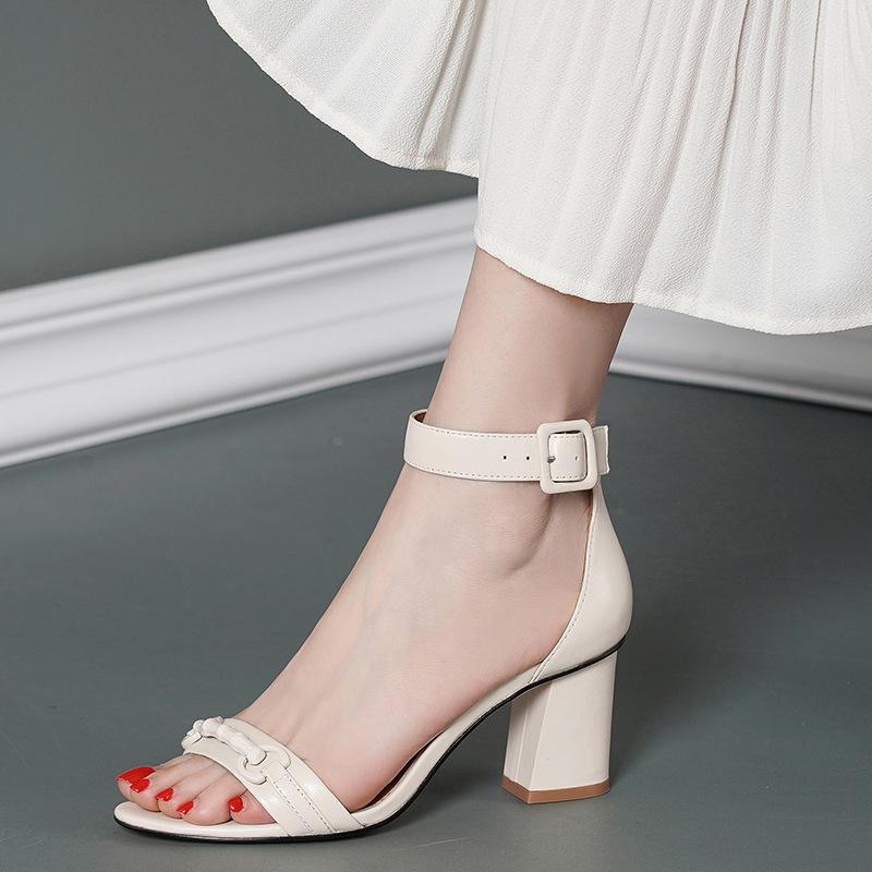 New Spring and Summer Classic One-word Buckle High Heels Pointed Thick Heel Sandals Style Open-toed Versatile Women's Shoes