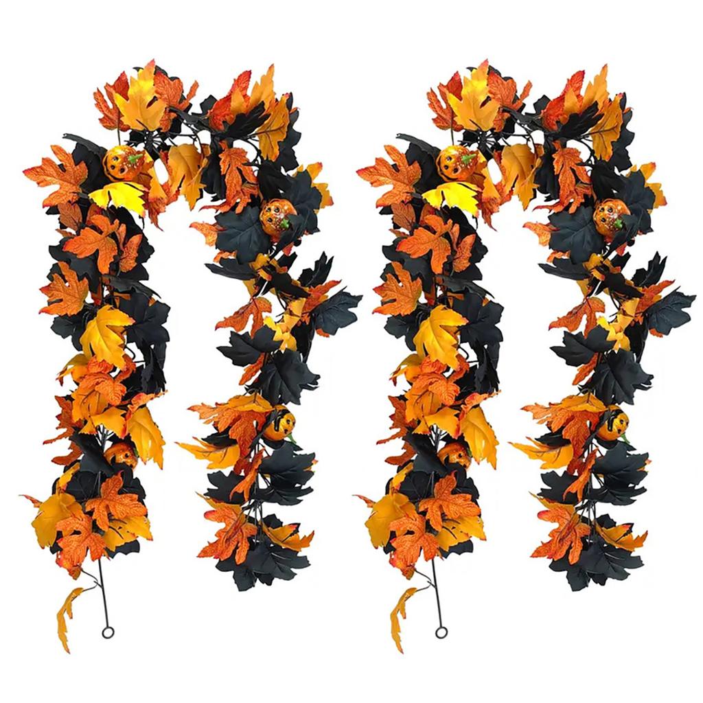 Halloween Spookys Garland 5.74ft Gothic Maple Leaf Pumpkin-Vine with Spiders Accents Colorful Spookys Window Hanging Ornaments