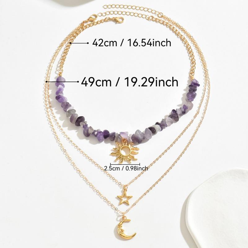 Vintage Sweet Cool Sun Moon Natural Stone Layered Necklace For Women