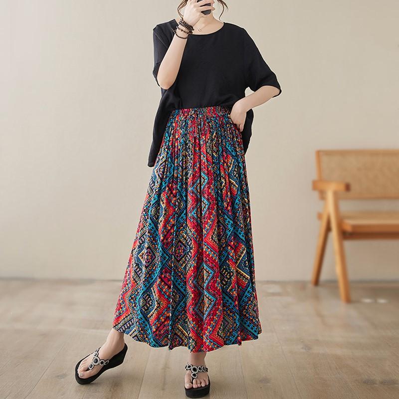 Cotone Satinato Taglia Forte Vita Alta Vintage Estivo Casual Ampia Lunga Gonna da Donna