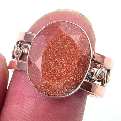 Natürlicher Sonnenstein Edelstein Handgefertigt 925 Sterlingsilber Zweifarbiger Ring Größe 9 p4W08
