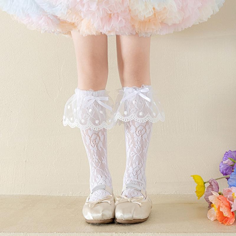 Breathable Ballet Socks for 3-13 Years Girls Feature Lovely Bowknot Design, Lovely Kids Middle Tube Socks Stackable