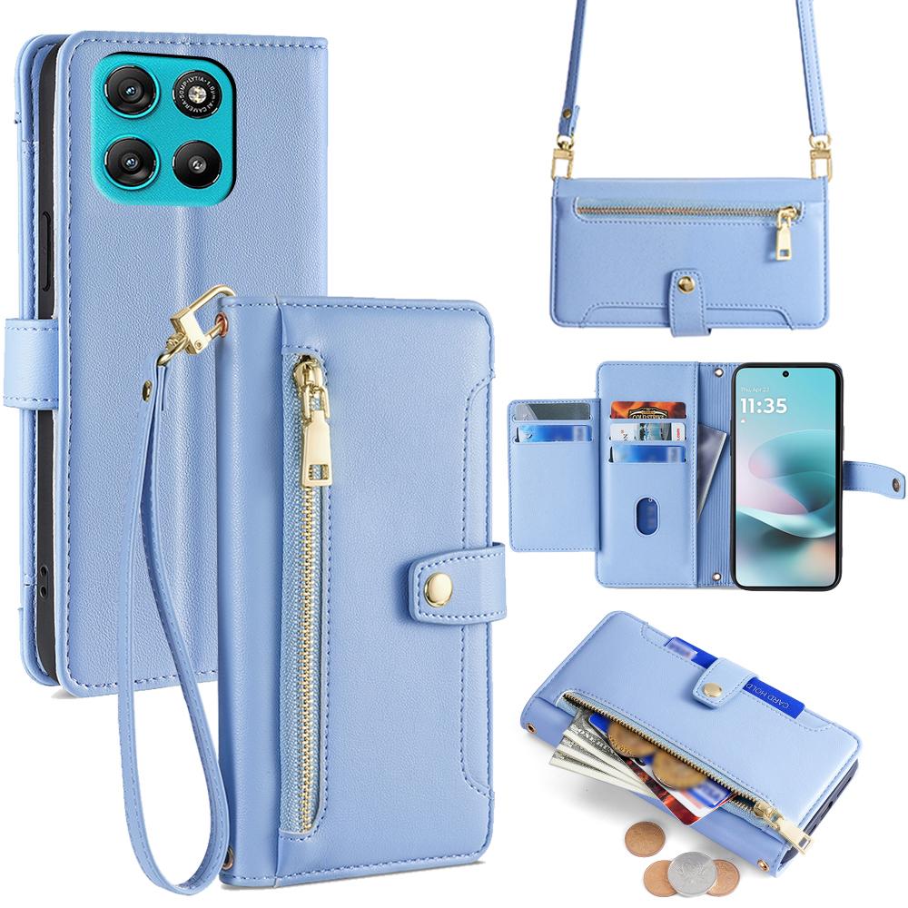 Voor Motorola Moto G67 Power 5G Leren Hoesje Portemonnee met Ritsvak Telefoonhoes met 2 Riemen