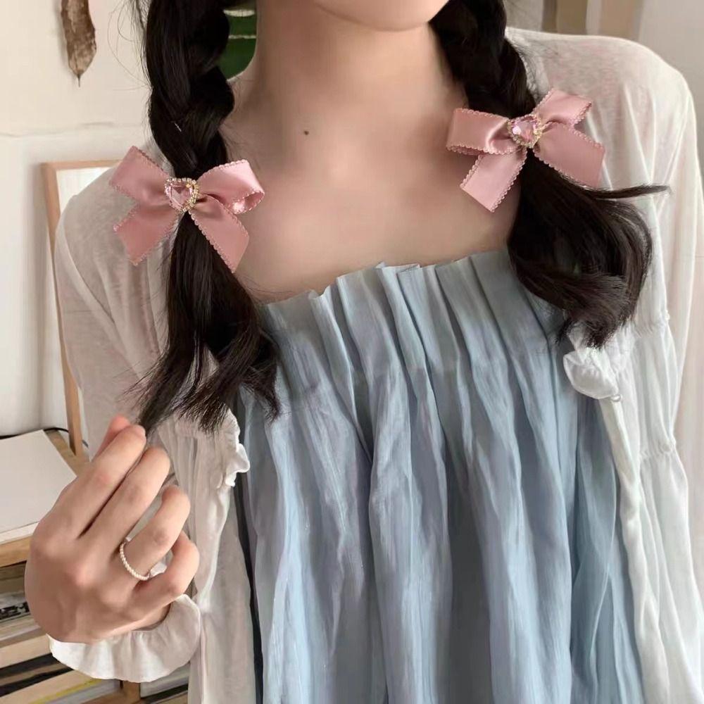 

Alloy Bilayer Bow Hair Clip Love Heart Pink Zircon Bowknot Hairpin Girls