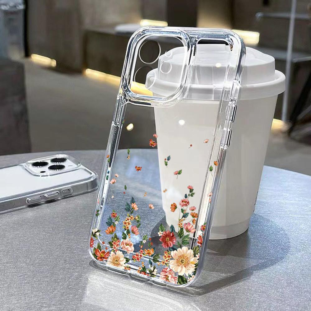 Iphone 15 For Pro Max Transparent Phone Case With Flower Print Decoration Design