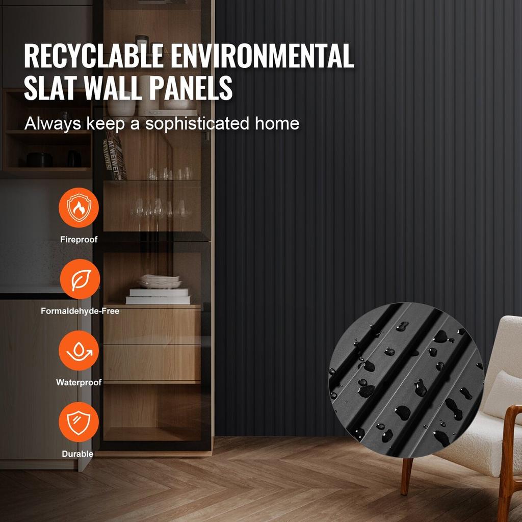 Wood Slat Acoustic Panels 8 PCS 96 X 6 Inch for Modern Wall Matte Black