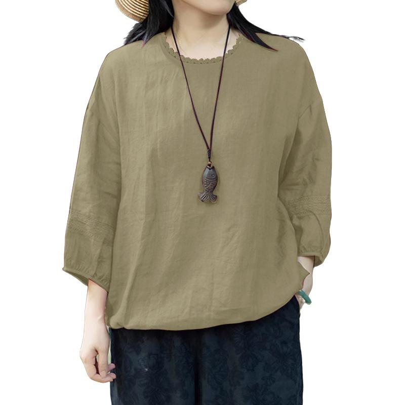ZANZEA Women Casual Round Neck Loose Retro 3/4 Sleeve Blouse