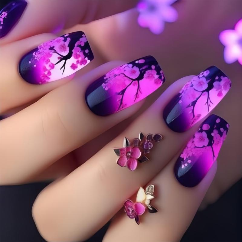 Square Press On Nail Flower Fake Nail Glues On Nail Artificial Acrylic Nail 24pcs Stick On Nail for Womens and Girls