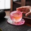 Japanese Style Pink Sakura Crystal Glass Teacup – Colored Glaze Sake Cup with Enamel Flower Design and Coaster
