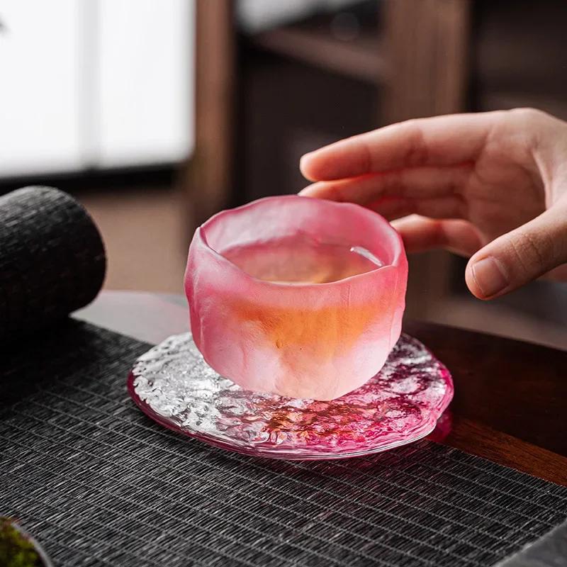 Japanese Style Pink Sakura Crystal Glass Teacup – Colored Glaze Sake Cup with Enamel Flower Design and Coaster
