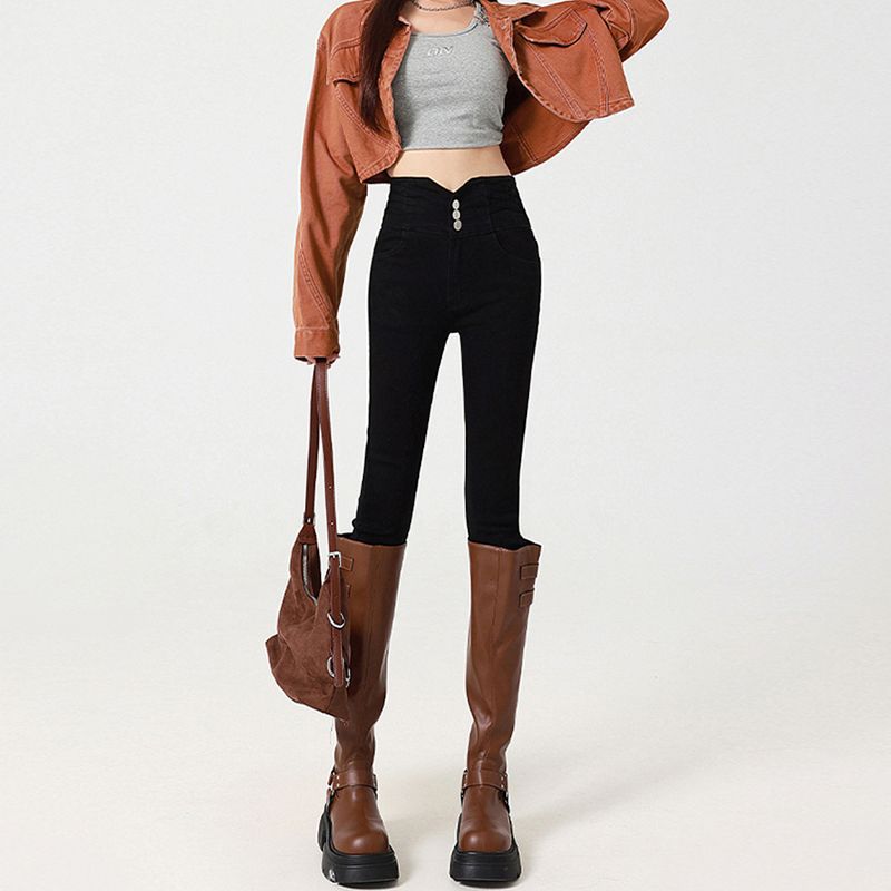 Cement gray skinny jeans women's winter velvet thickened and thin elastic narrow version pencil small feet pants