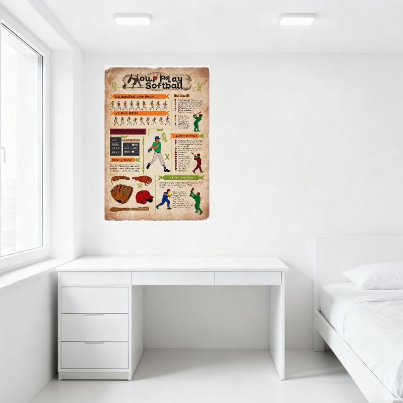 Vintage How to Play Softball Infographic Metal Tin Sign, Aged Look Softball Rules & Gameplay Guide Wall Decor for Man Cave Cafe