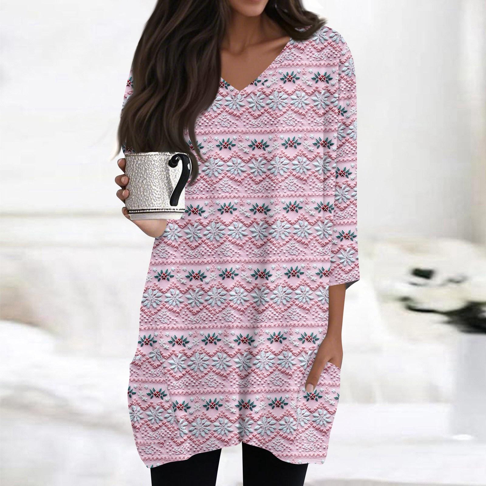 

Женские топы с V-образным вырезом и рукавом 3/4, повседневные блузки средней длины, модные туники с рождественским принтом и карманами XXXL