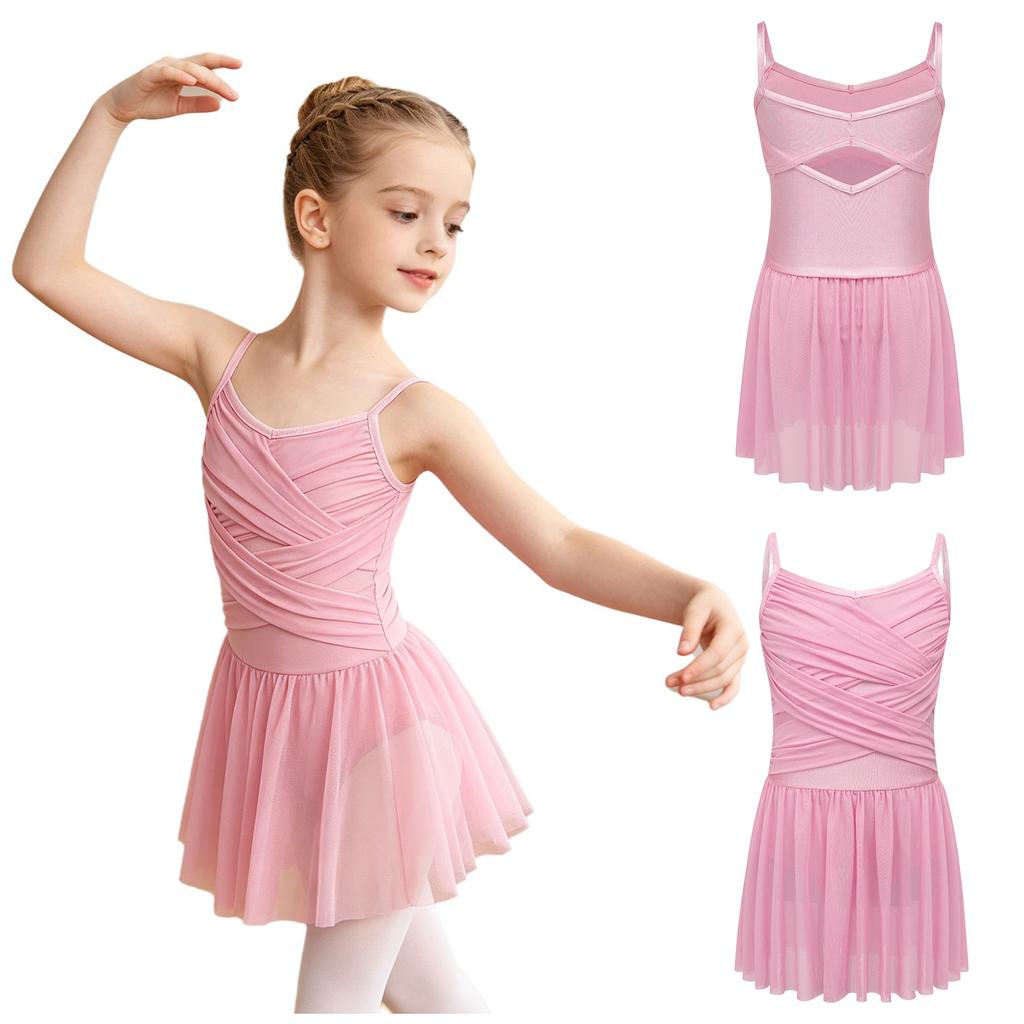 Youth Ballet Dress with Strappy Back Cross Detail Ruched Front Mesh and Built-in Underwear for Dance Competition Stage Wear
