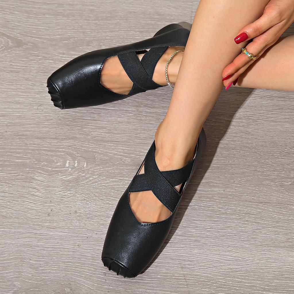 Fashion Spring 2025 New Women's Ballet Shoes Square Toe Thick Middle Heel Cross Elastic Cowhide Color Office Women Shallow Single Shoes