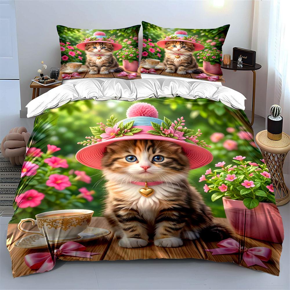 Cute Kitten With Pink Hat Bedding Set For Kids Luxury Gift 3Pcs Digital Print Comforter Set Soft Comfortable Breathable
