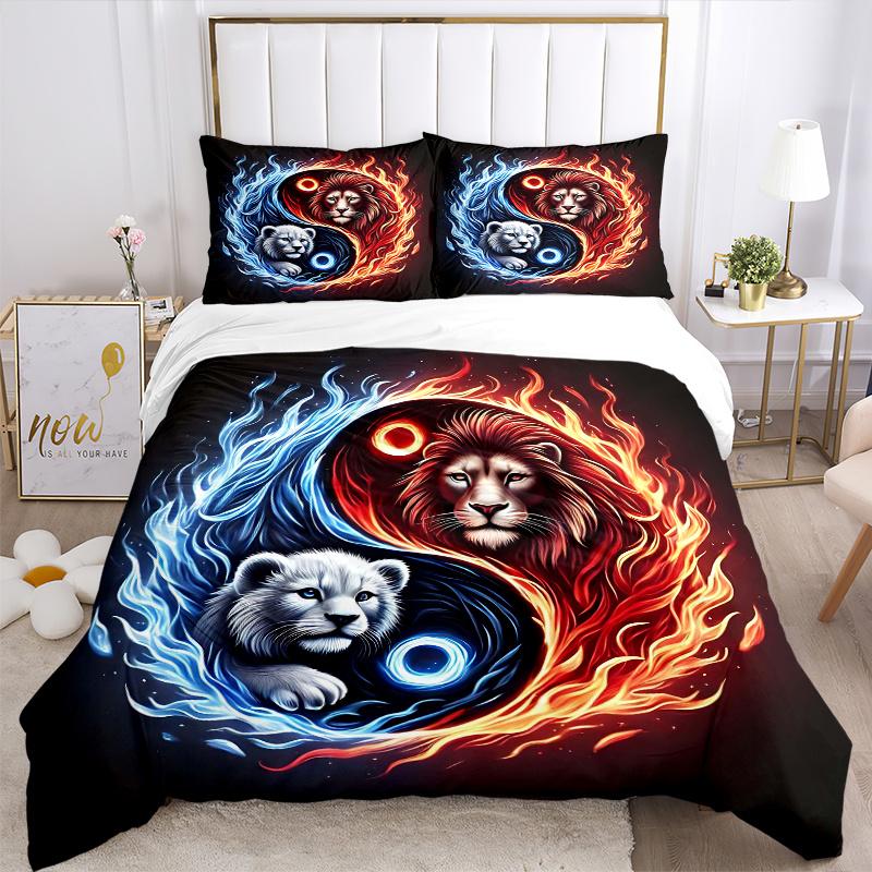3-teiliges Yin Yang Löwen Muster Bettwäsche-Set, 1* Bettbezug + 2* Kissenbezüge, Bedrucktes Bettwäsche-Set, Weich und Bequem, Geeignet für Schlafzimmer und Gästezimmer