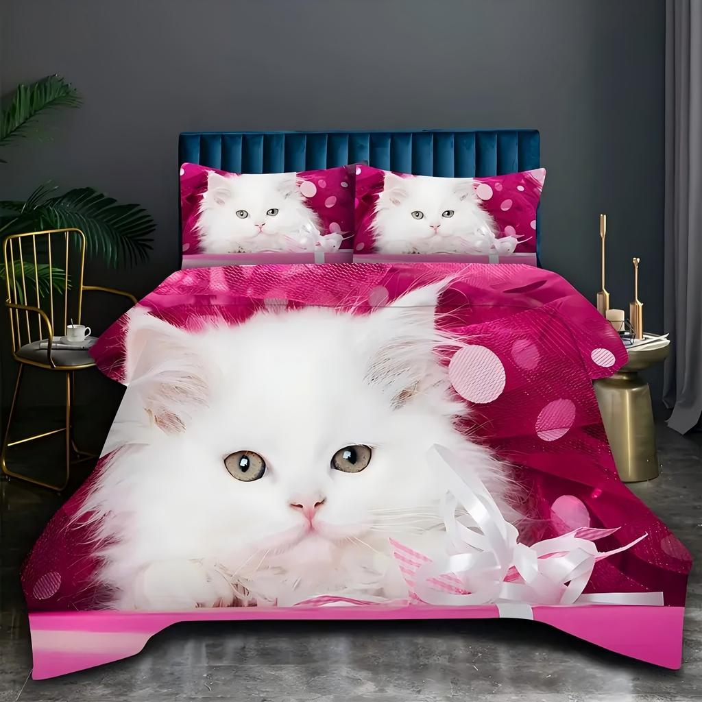 Cute White Kitten Pattern 3d Printed Bedding Set Pink Cute Animal Theme Duvet Cover Soft Comfortable Luxury Quilt Cover Set
