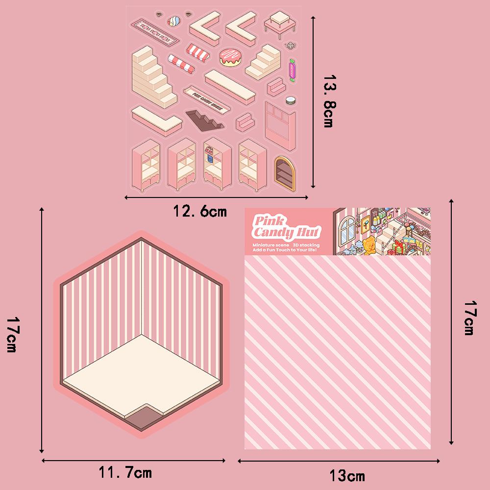 3PCS Pink Candy House Sticker Nostalgia Stacking Cafe Landscape Room Decompression Art Picture Department Y2K Fashion Stickers