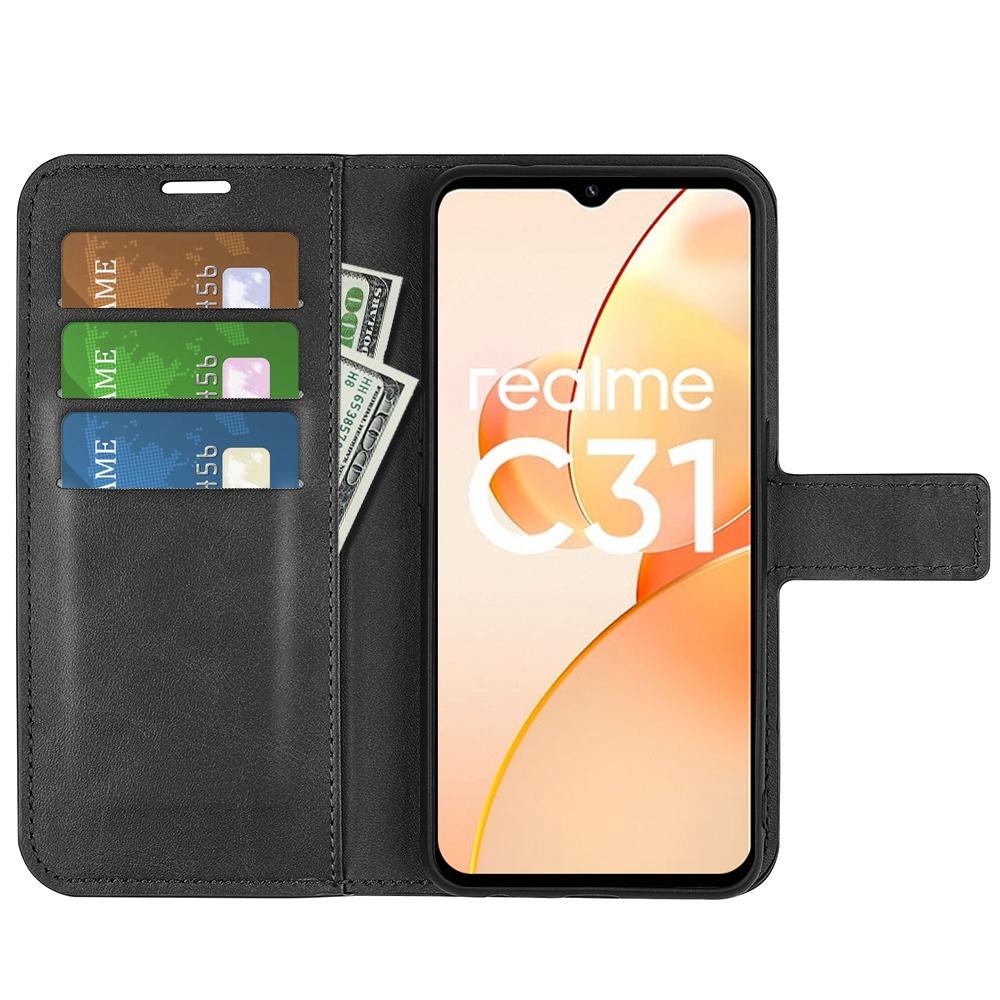 

Textured PU Leather Stand Phone Case for Realme C31 4G,Square Magnetic Clasp Wallet Shell Black