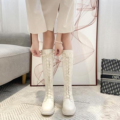 Mode Elegant mit niedrigen Absätzen Runde Zehenpartie Schnürung Damen Langstiefel Herbst Winter Neuer Rock Trend 2025 Goth Damen Kniehohe Schaftschuhe