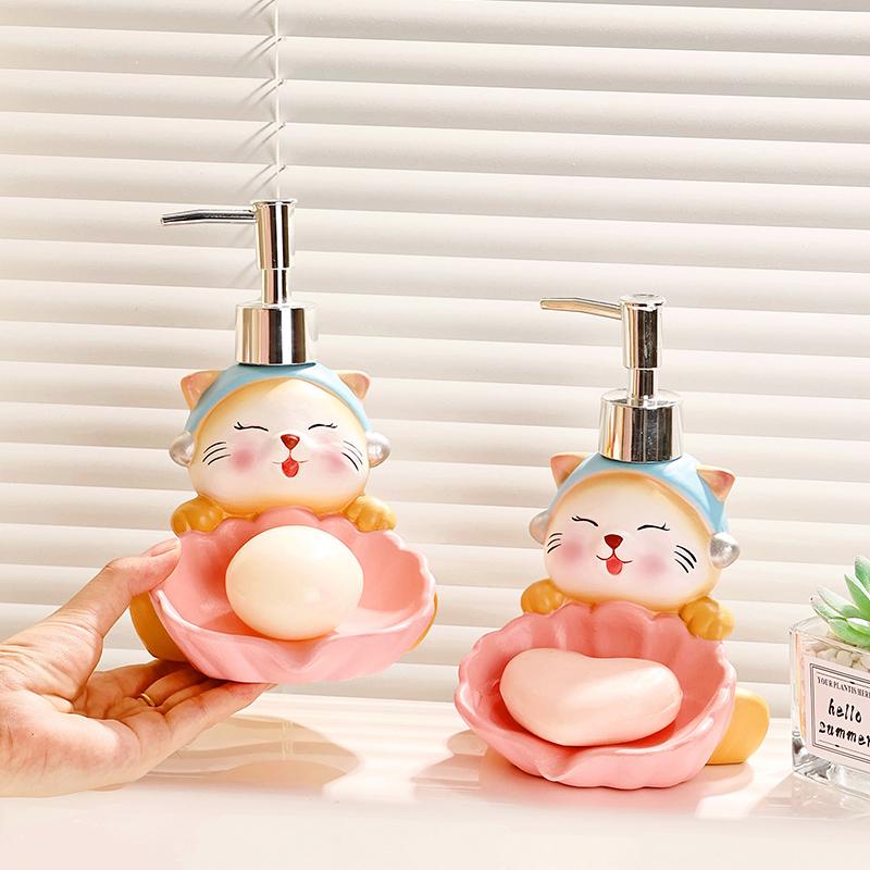 Cute Cat Soap Box lotion Bottle Two in one Two Use Drain Ceramic Soap Dish Toilet Soap Box Hand Wash Liquid Press Bottle
