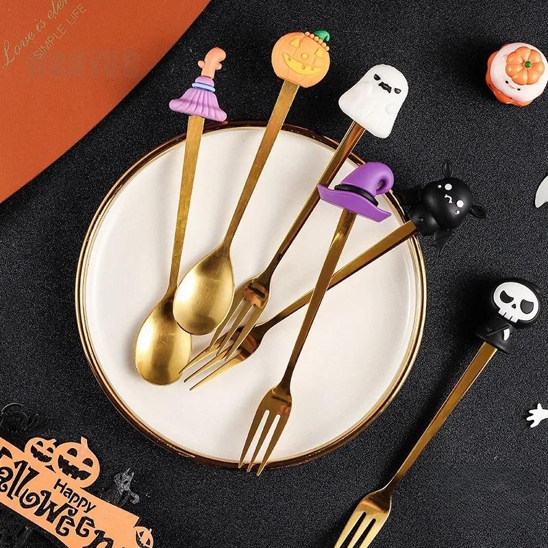 6PCS Stainless Steel Halloween Utensil Gift Set Cartoon Halloween Themed Dessert Spoon and Fork Collection for Parties