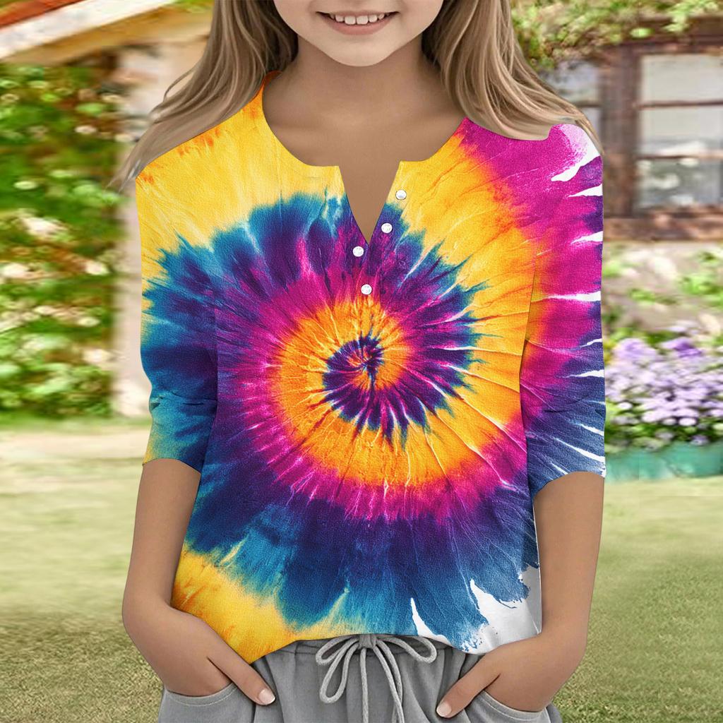 Print Tops For Youth Girls V Neck Button 3/4 Sleeves T-Shirts Trendy Tops Outfit Tees