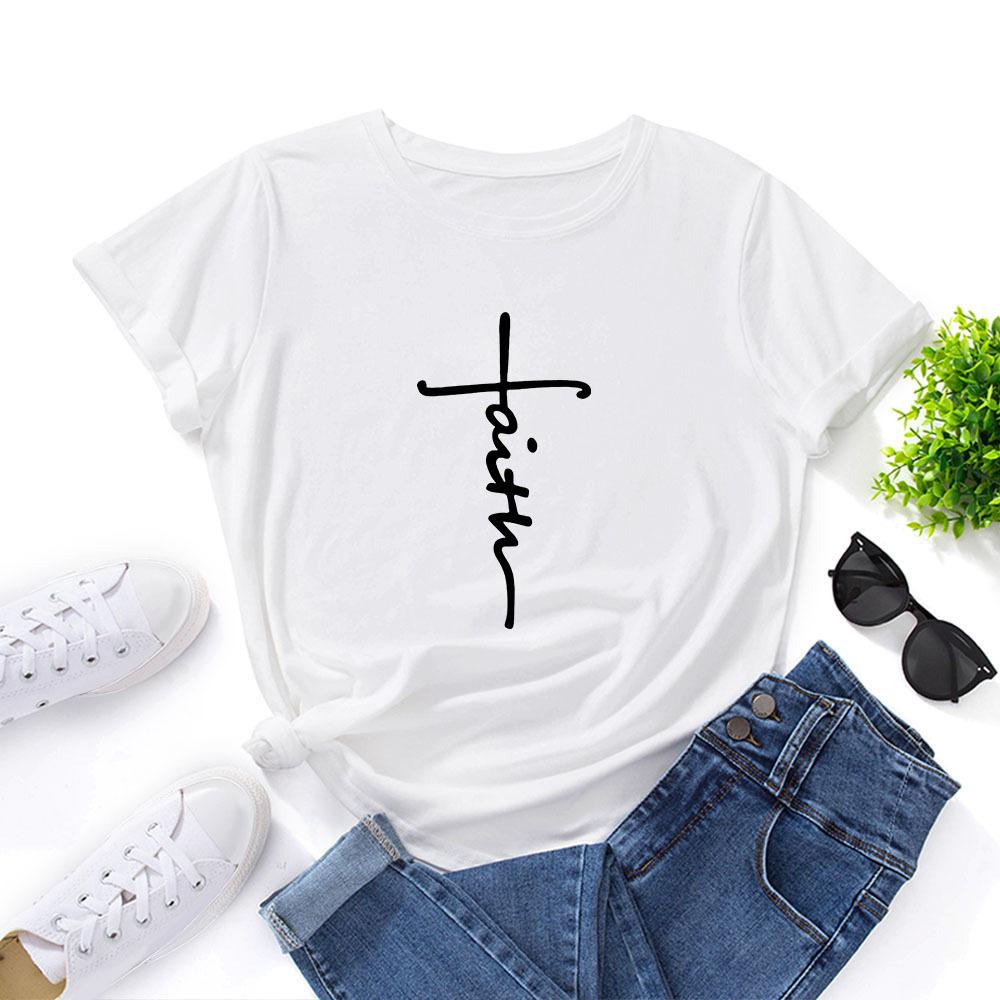 

Summer Round Neck Heart-shaped Letter Faith Printed Top Fashionable Casual Pure Cotton Short Sleeved Women s T-shirt 3XL