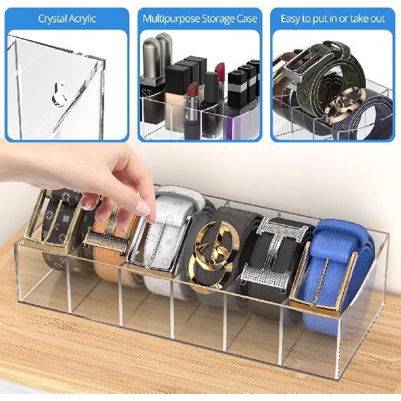 Belt Organizer, Acrylic Belt Storage Holder for The Closet and Drawer, 6 Compartments Belt Container Clear Display Case for Tie and Bow Tie