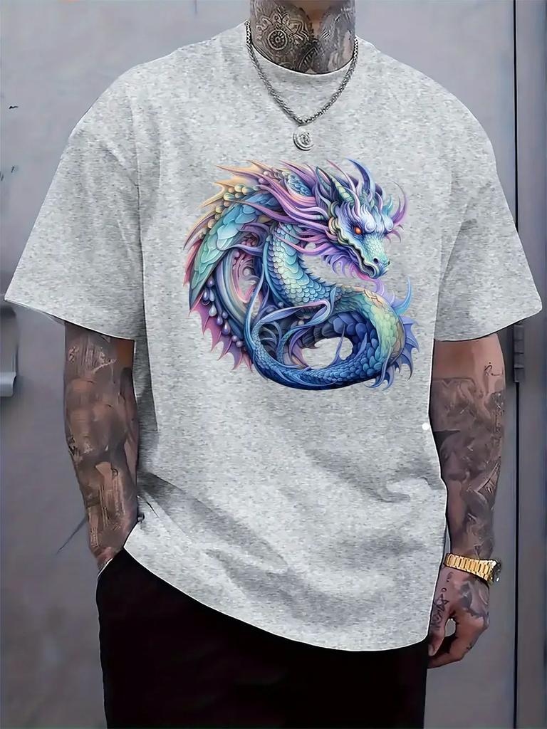 Fantasy Colorful Dragon Print T-shirt - Casual Crew Neck Short Sleeve Tee with Vibrant Design