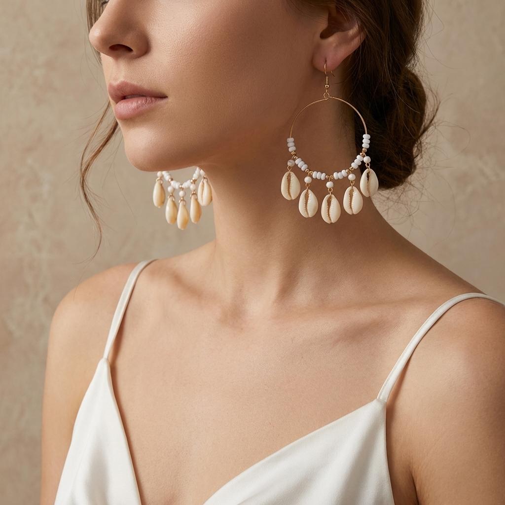 Minimalist Gold Color Hoop Shell Earrings for Women Coastal Aesthetic Jewelry Beaded Cowrie Dangle Summer Vacation Accessories