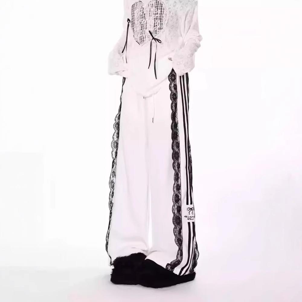 

Женские брюки Y2K Sweet Wide Leg с эластичной талией и завязками на талии, мешковатые брюки-карго Vintage Street Lace Striped Printed Black Casual pants XL белый