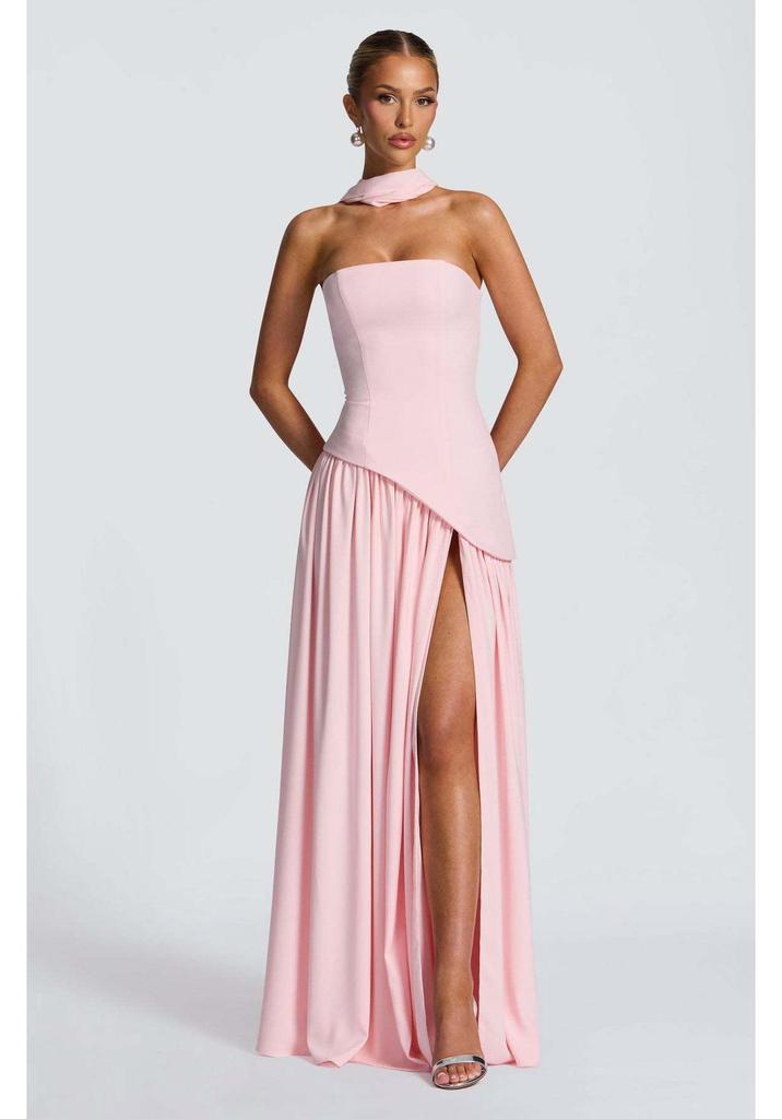 Vestido de mujer sin tirantes, sin espalda y con abertura, estilo europeo y americano, 2025 - Sexy, Color liso, Abertura alta, Vestido largo