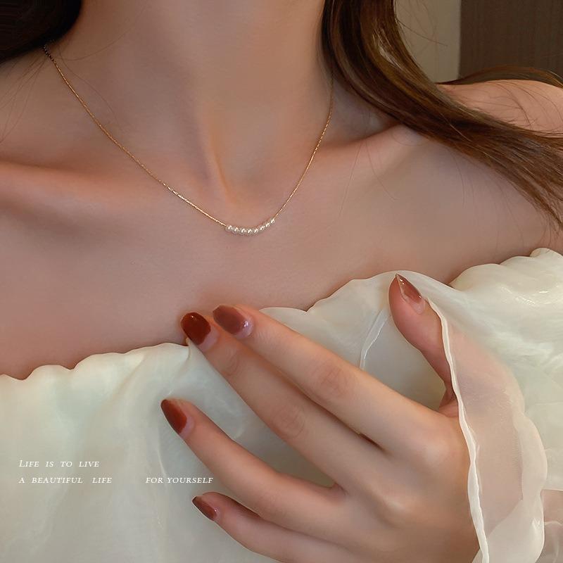 Korean Simple Pearl Geometric Necklace Women's Fine Chain Niche Light Luxury Collarbone Chain Cold Wind Temperament Versatile Neck Chain Women