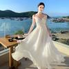 Bali's New French V-neck White Moonlight Lace Splicing Backless Summer Seaside Vacation V-neck Suspender Dress