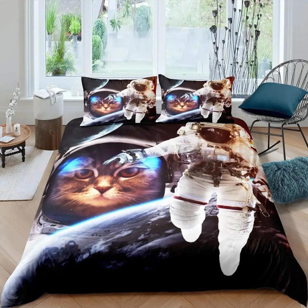 Galaxy Cat Duvet Cover Set Girls 3D Digital Cat Bedding Set Galaxy Colorful Cat Starry Sky Comforter Cover Lover Quilt Cover
