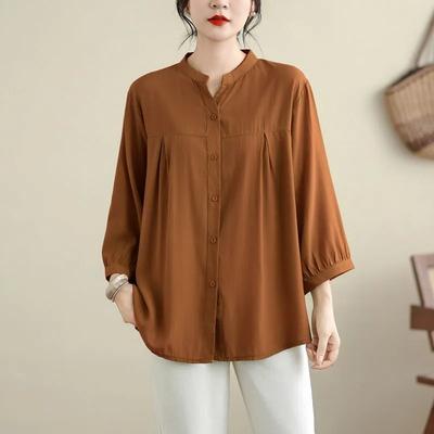 Women's Solid Color Mandarin Collar Blouse Three-Quarter Sleeve Casual Loose Fit Button-Down Top