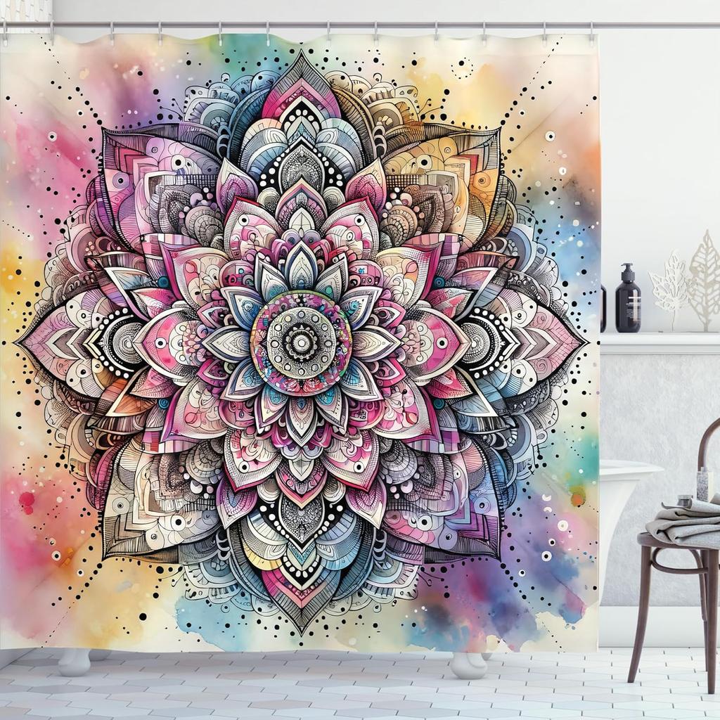 Colorful Shower Curtain, Oriental Boho Flourishing Mandala Flower and Aquarelle Look Hues Print, Cloth Fabric Bathroom Decor Set