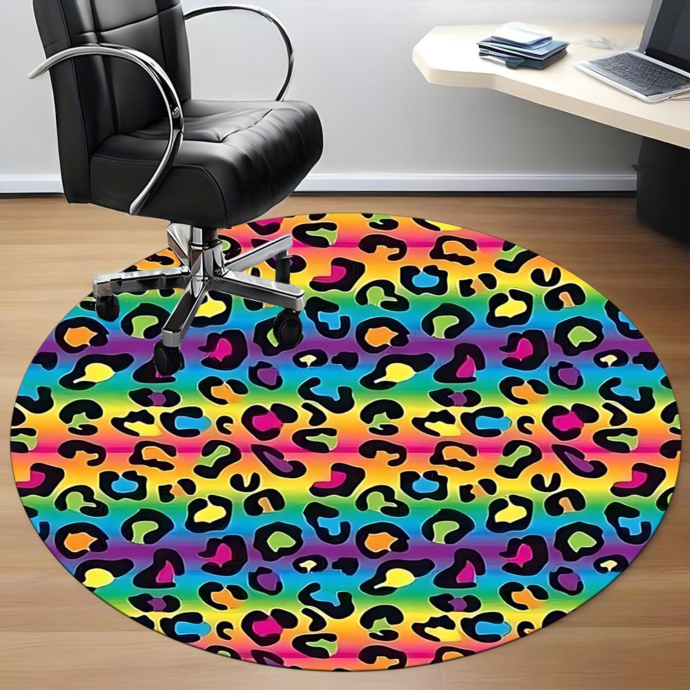 1pc Rainbow Leopard Print Chair Carpet for Office, Round Polyester Mat, Indoor Decor for Office, Easycare Fabric, Washable Non-slip Area Carpet