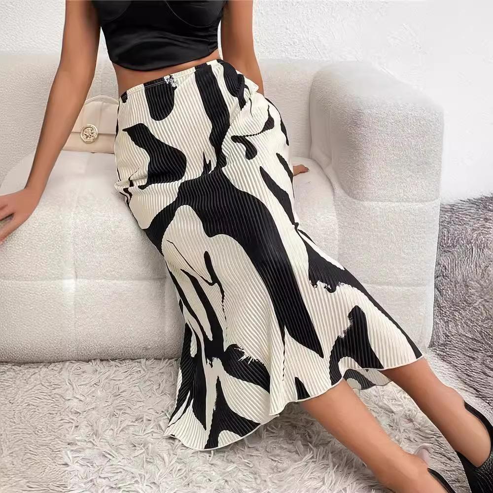 Casual Graphic Print Pleated Long Skirts Women Autumn Fashion Elastic High Waist Geometry Midi Skirt Streetwear