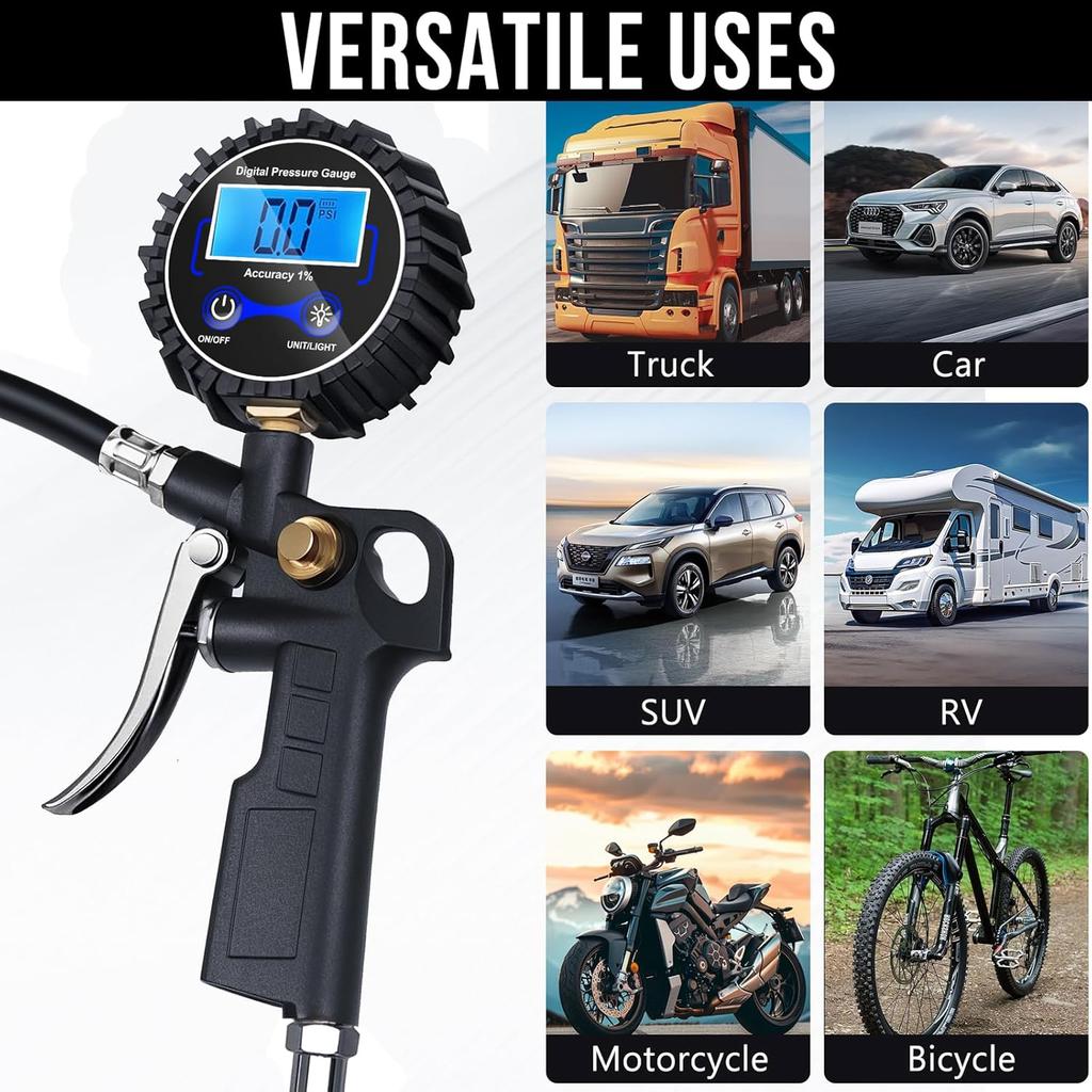 Digital Tire Pressure Gauge With Inflator, 3-250 PSI Air Compressor Accessories With Air Chuck Quick Connect Coupler, Car Attachments With Rubber