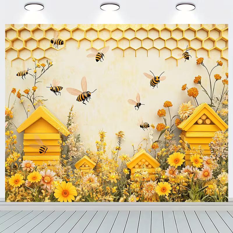 2D Bee Themed Backdrop Yellow Honeycomb & Wildflower Party Background Banner