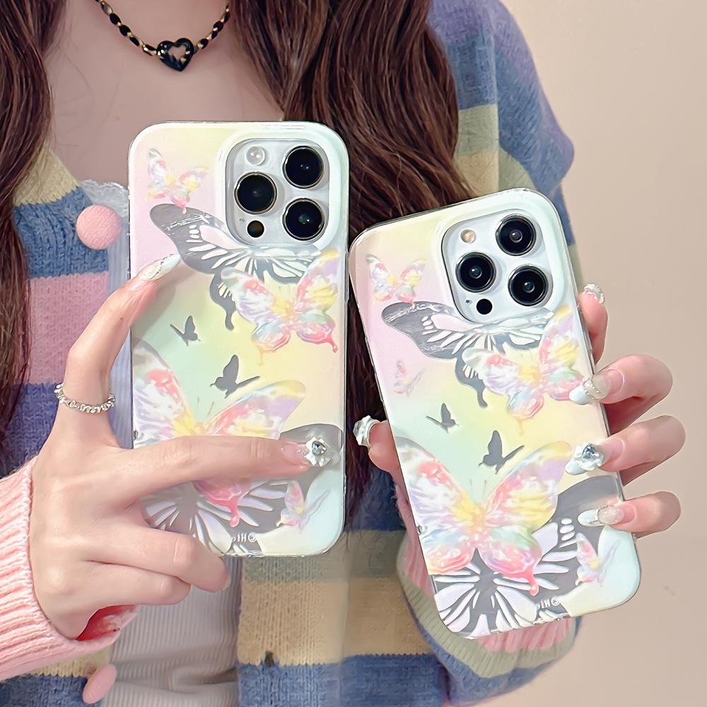 Krásný gradientní barevný stříbrný motýl kryt pro iPhone 11 12 13 14 15 Pro Max módní nárazuvzdorný silikonový nárazník IMD Funda