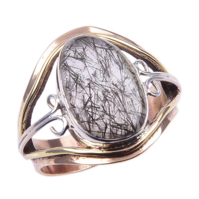 Natural Black Rutile Gemstone 925 Sterling Silver Jewelry Two Tone Ring S.9 O3n30